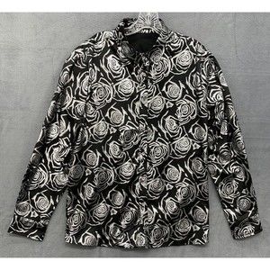 Zeroyaa Shirt Mens Large Button Up Black Silver Floral Rose Long Sleeve Party